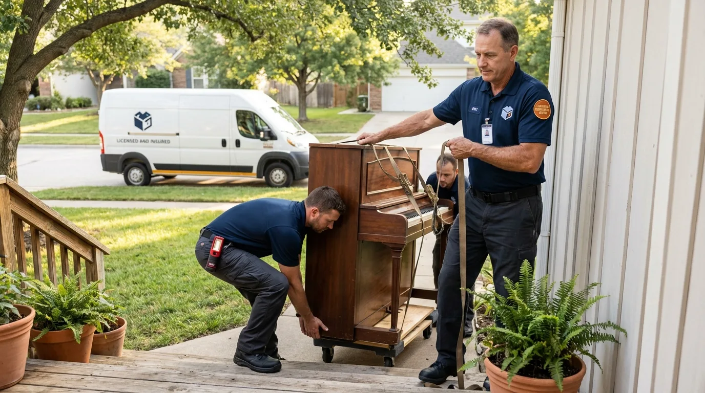 Licensed piano movers securing grand piano in Goldens Bridge, NY
