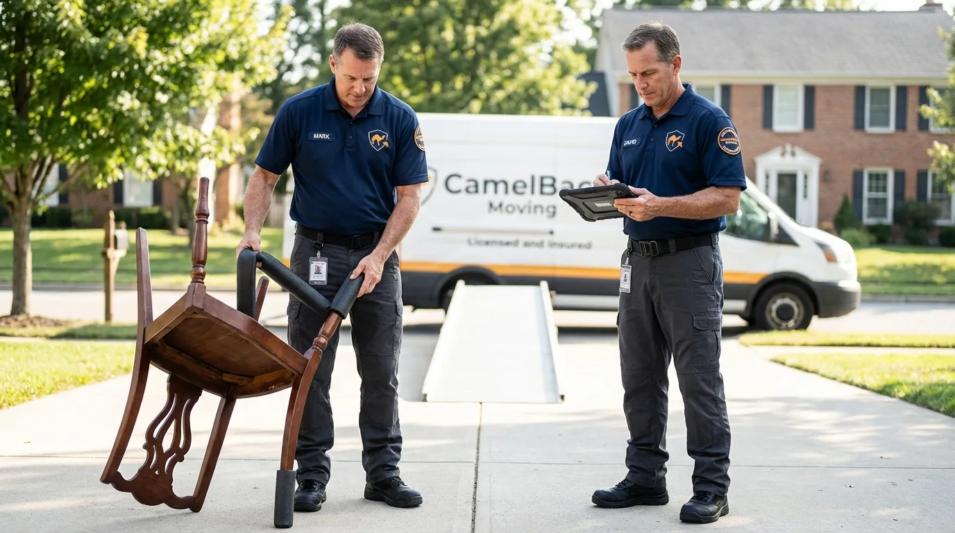 Movers inspecting furniture for damage prevention before loading in Goldens Bridge, NY
