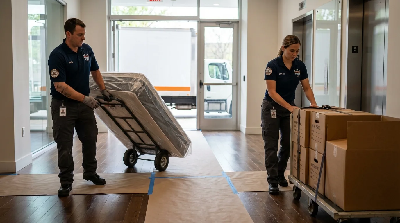 Professional apartment movers loading elevator in Goldens Bridge, NY