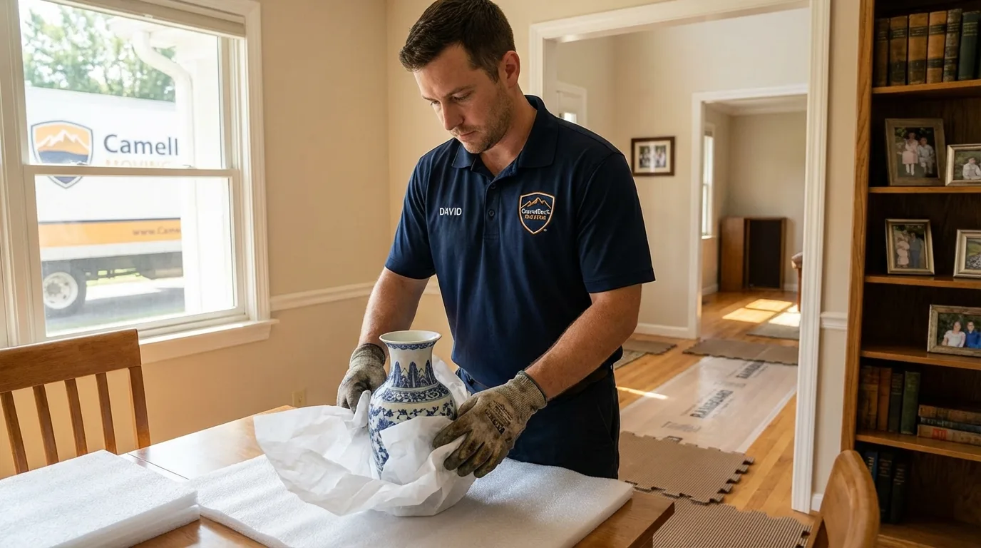 Professional crew carefully wrapping antique vase for senior downsizing move in Goldens Bridge, NY